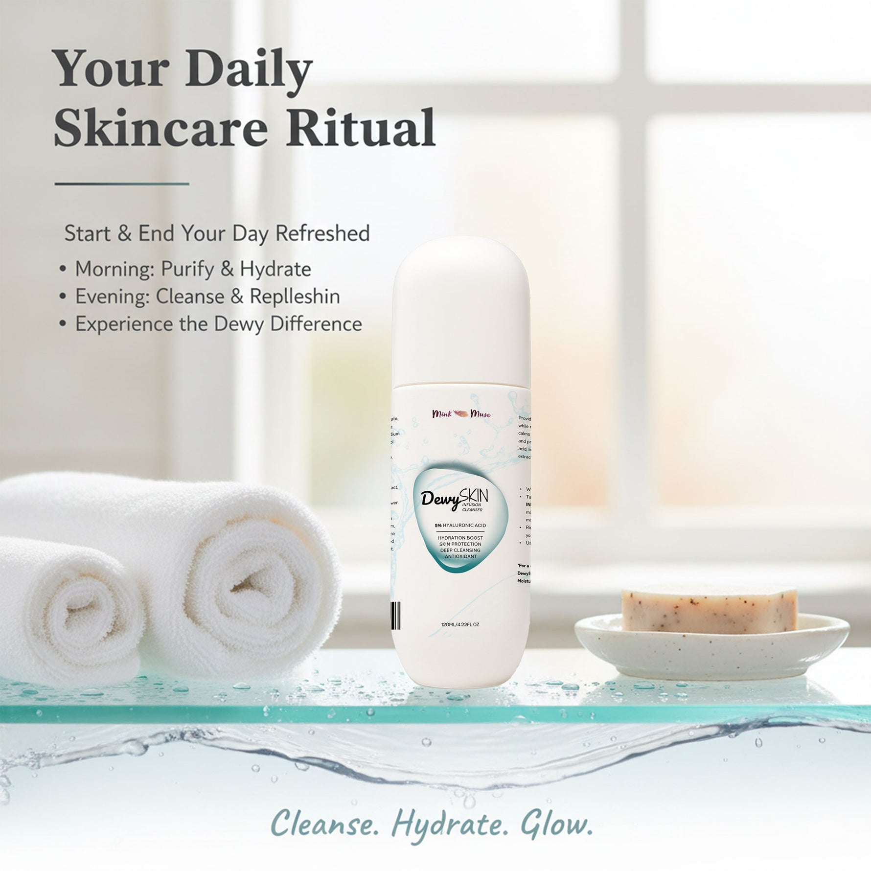 5 percent Hyaluronic Acid cleanser providing triple action hydration and skin elasticity boost