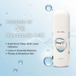 Science of hydration showing how Hyaluronic Acid draws moisture and plumps skin