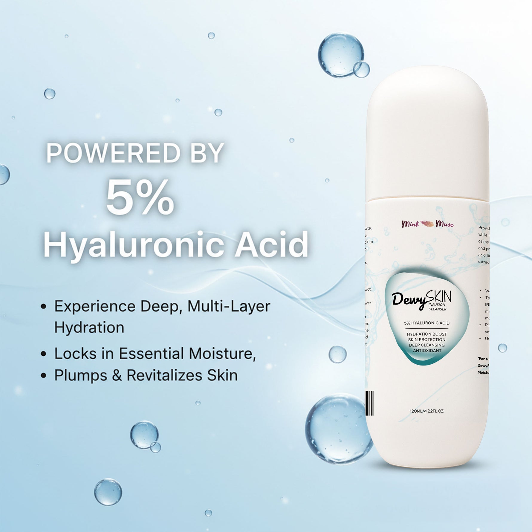 Science of hydration showing how Hyaluronic Acid draws moisture and plumps skin