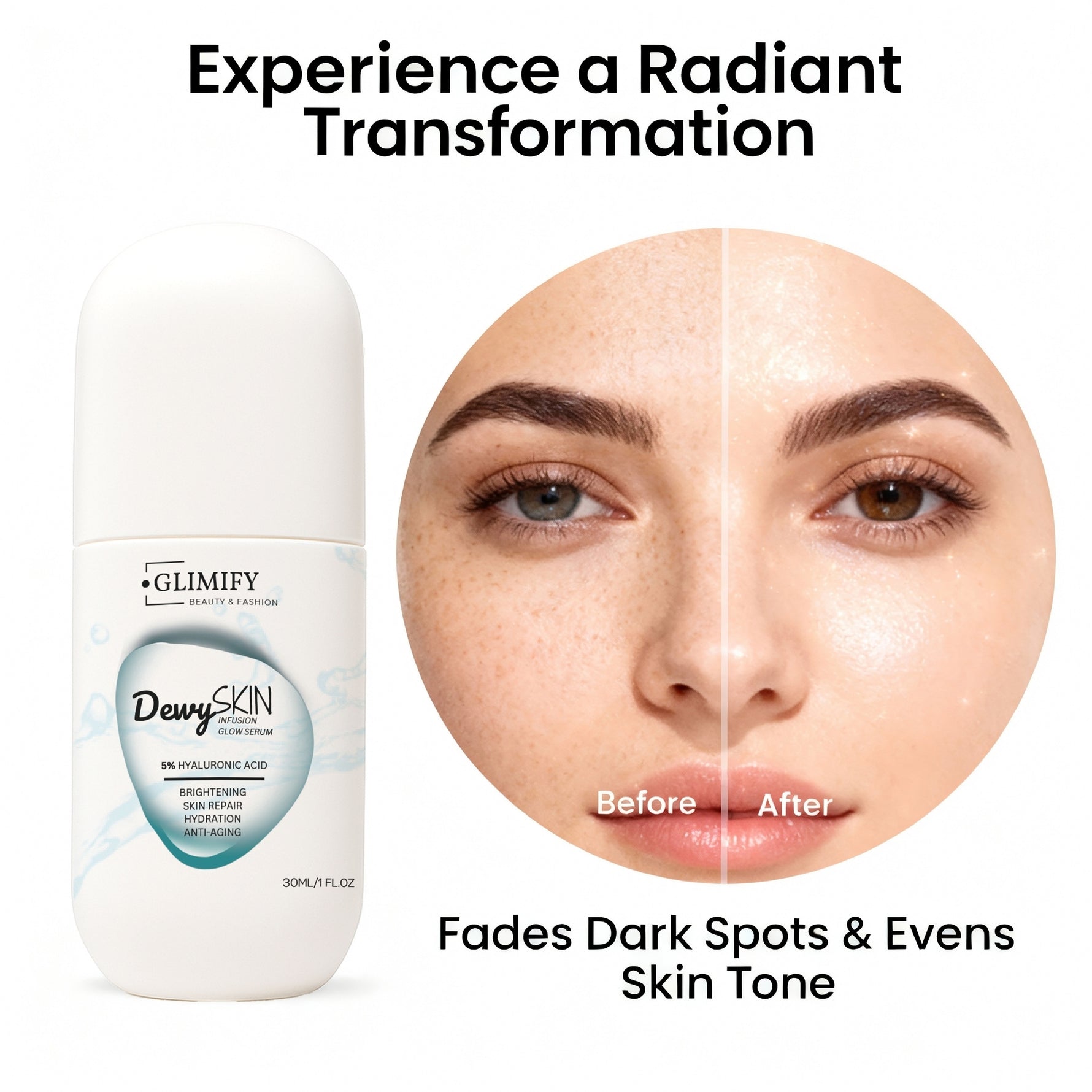 Before and after results with Glimify DewySKIN serum showing improved radiance in 2 weeks