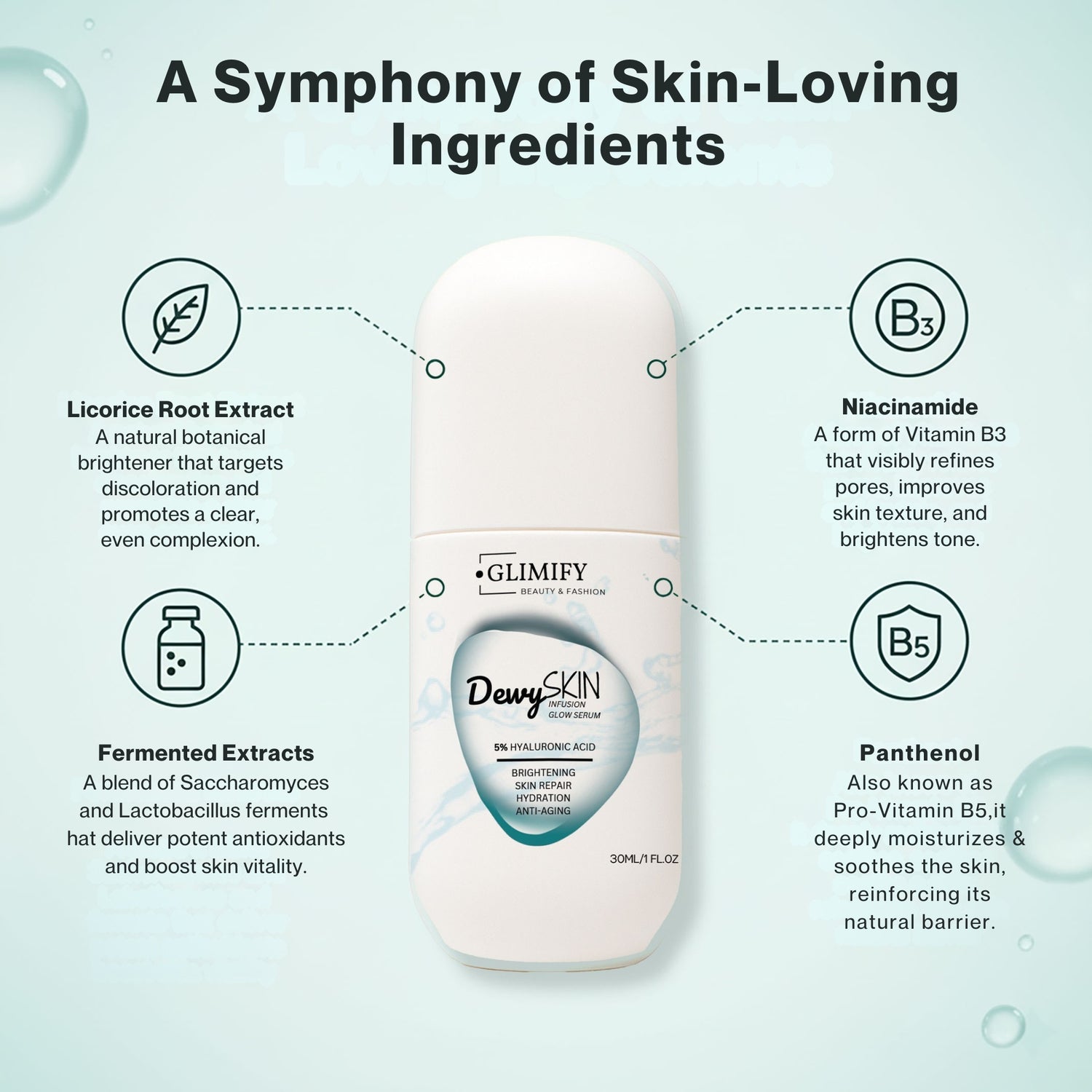 Dermatologist approved Glimify DewySKIN serum for plump hydrated skin