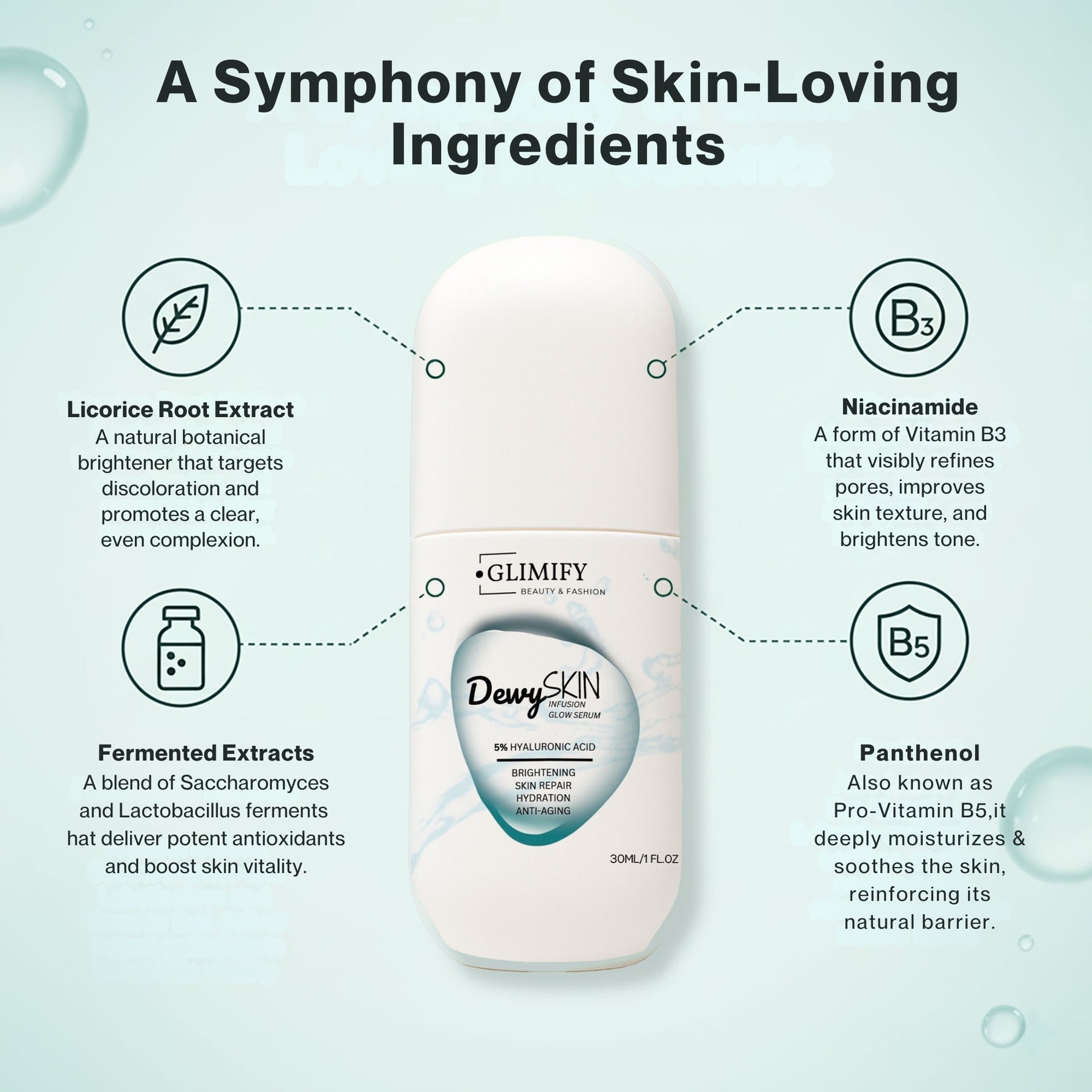 Dermatologist approved Glimify DewySKIN serum for plump hydrated skin