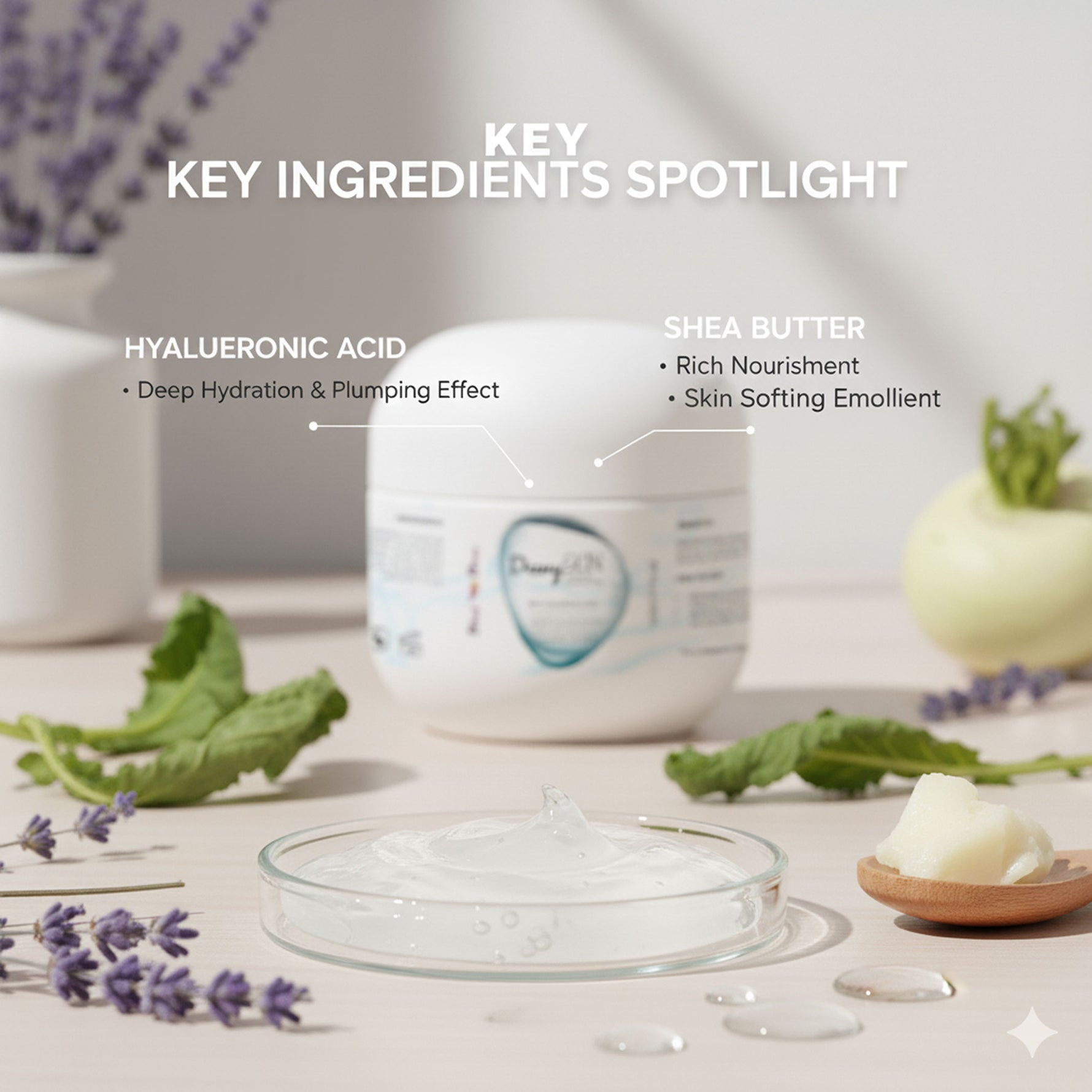 Key ingredients shea butter and hyaluronic acid deeply nourish and hydrate skin
