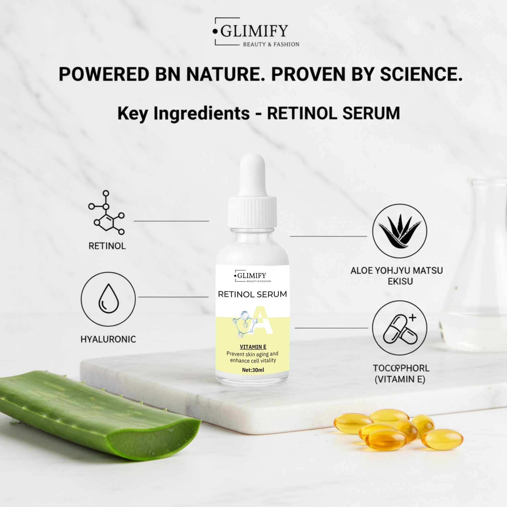 Glimify Retinol Serum with retinol, hyaluronic acid, and vitamin E for skin renewal