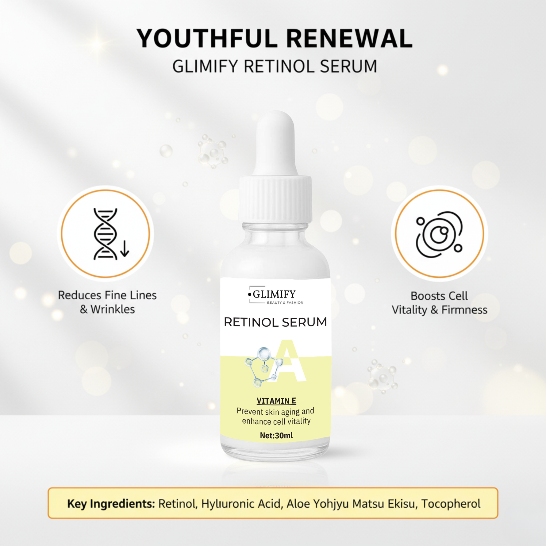 Glimify Retinol Serum with hyaluronic acid, aloe, and tocopherol for smoother skin