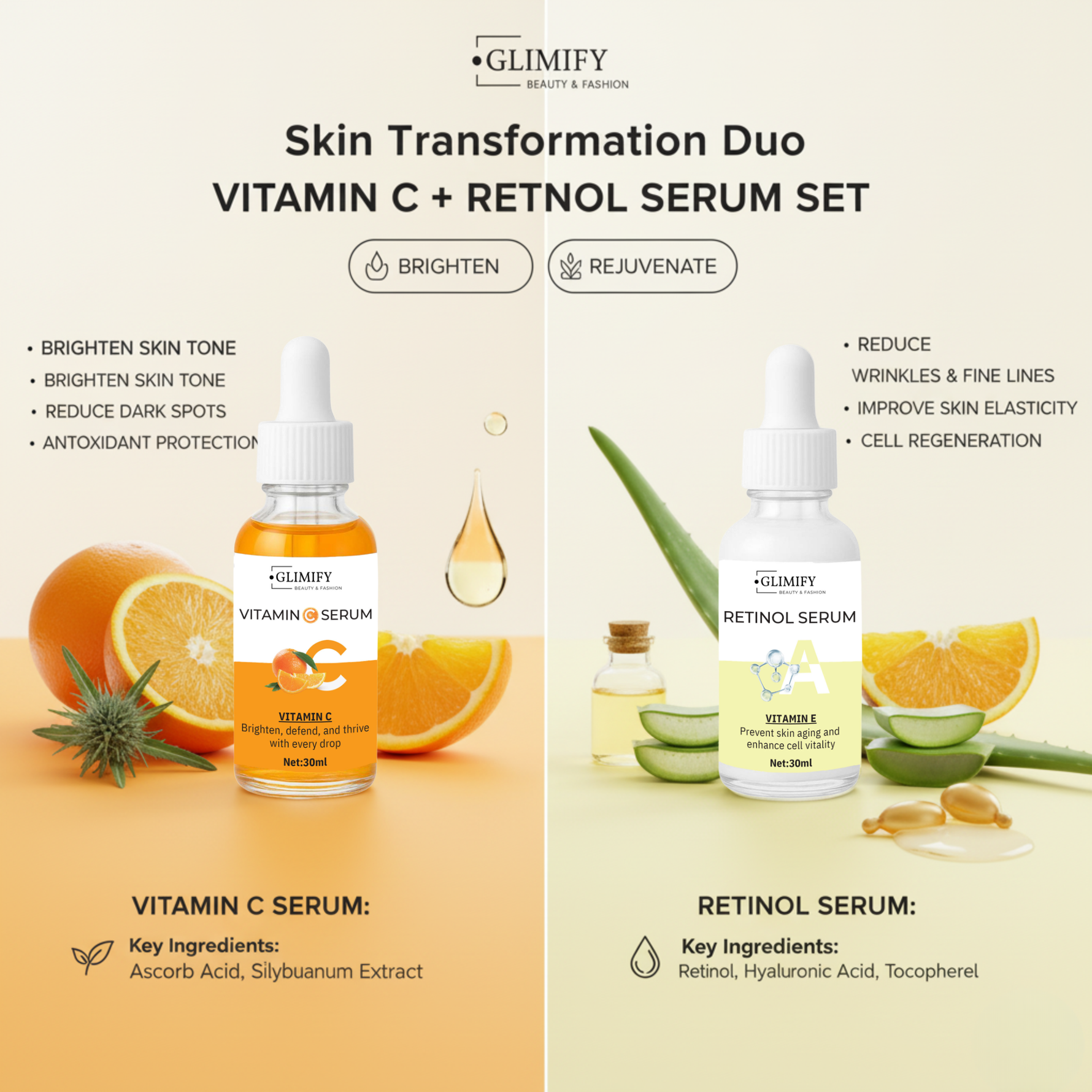 Glimify Vitamin C and Retinol Serum 24-hour skincare transformation set
